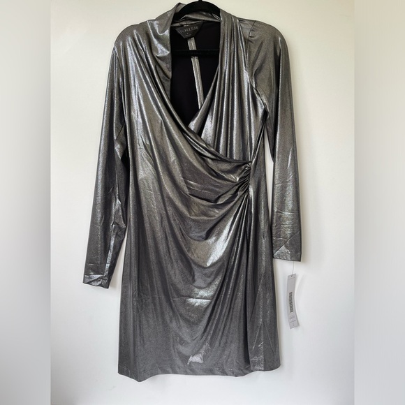 Norma Kamail Kulture Women Long Sleeve Side Draped Dress in Metallic Pewter L - Picture 1 of 5